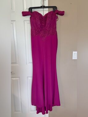 One-Shoulder Fuchsia Lace-Embellished Evening Dress